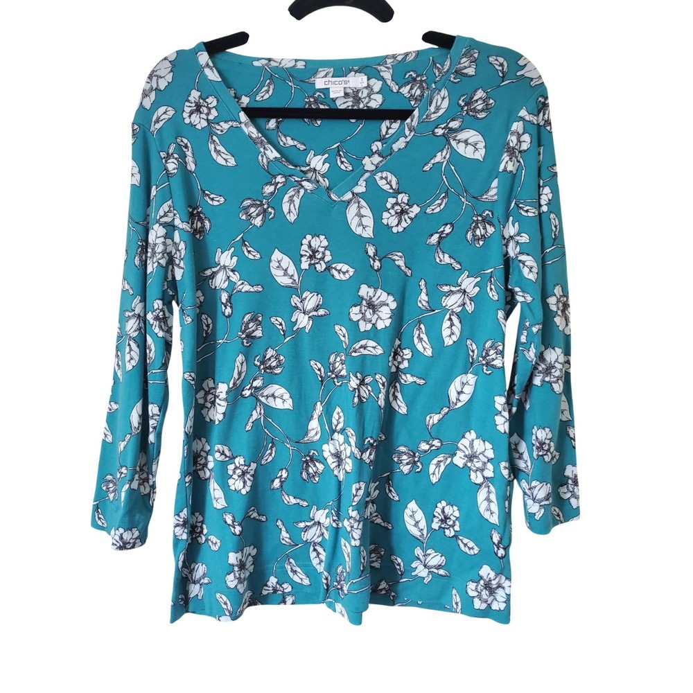 Chico's 2 Floral Pima Cotton V-Neck Top Teal White Black 3/4 Sleeve Large